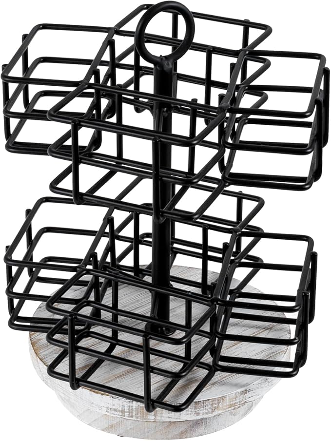 MyGift 8 Compartment Tea Bag Organizer Carousel, Black Metal Wire Packet Holder and 360 Degree Spinning White Washed Solid Wood Base, Coffee Station Storage Caddy