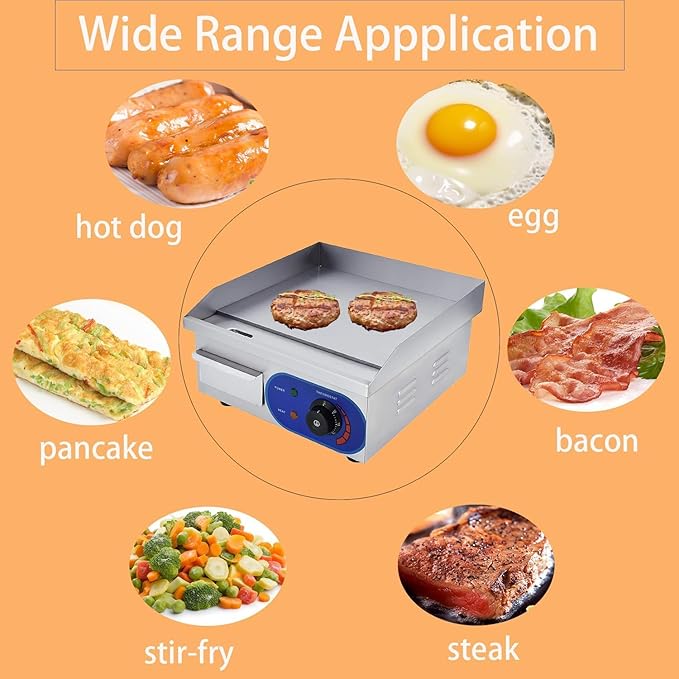 DULONG Electric Flat Top Grill,1500W Electric Flat Top Griddle,14" Stainless Steel Commercial Griddle with Thermostatic Control for Kitchen BBQ