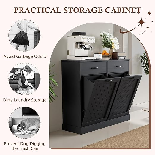 Double Tilt-Out Trash Can Cabinet, 2x13 Gallons Hidden Garbage, Hidden Kitchen Trash Cabinet with Storage Drawer, Pet-Proof Wooden Garbage & Recycling Cabinet for Kitchen, Laundry & Living Room, Black