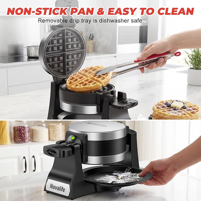 Waffle Maker, 1400W Belgian Waffle Maker, Double Waffle Iron 180° Flip, 8 Slices, Rotating & Nonstick Plates, Removable Drip Tray Easy to Clean, Locking Buckle & Cool Touch Handle, Stainless Steel