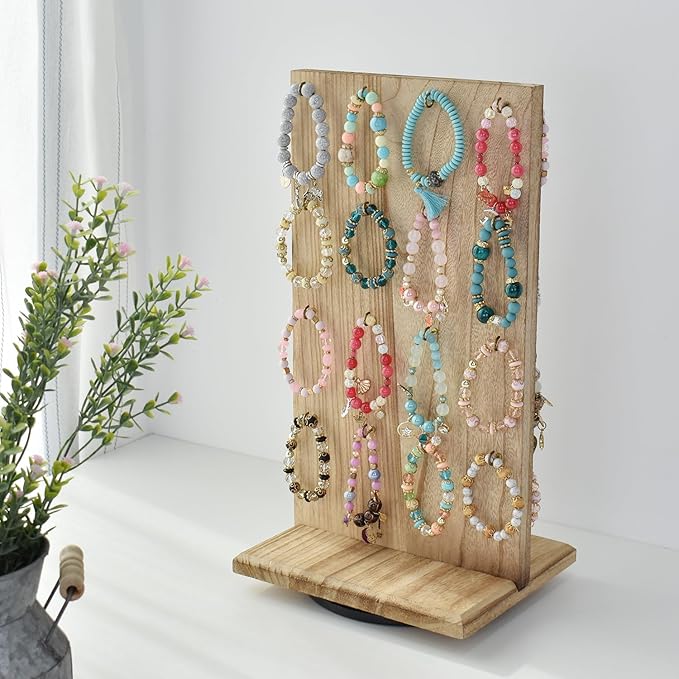 Ikee Design Wooden Rotating Two-Sided Jewelry Display Stand, Rotating Organizer with 32 Hooks for Store, Earring Keychain Display with Hooks, Oak color, 9" W x 7.5" D x 16.5" H
