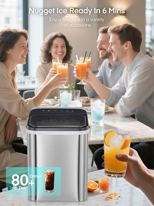 Nugget Ice Maker Countertop, 40lbs/24H Chewable Pellet Ice Machine with Self-Cleaning, Ready in 6 Minutes, Portable Ice Makers with Basket and Scoop for Home, Kitchen, Office (Silver)