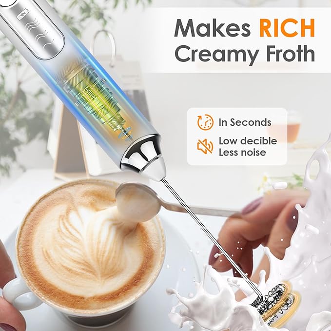 Milk Frother Handheld, Rechargeable Coffee Frother Wand with 2 Stainless Whisks 3 Speeds, Drink Mixer, Electric Foam Maker, Hand Mixer for Lattes, Cappuccino, Matcha, Egg, White