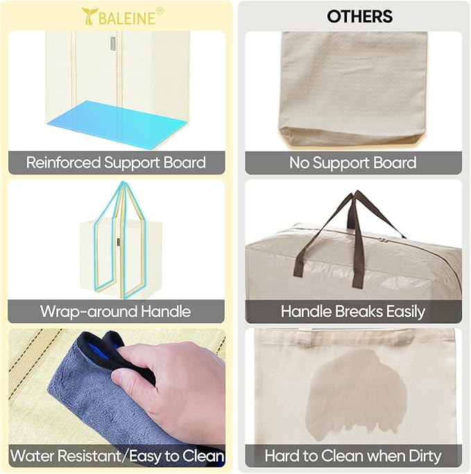 BALEINE 4 PK Grocery Bags Reusable Shopping Bags with Reinforced Bottom, Heavy Duty Foldable Tote Bags (Beige)
