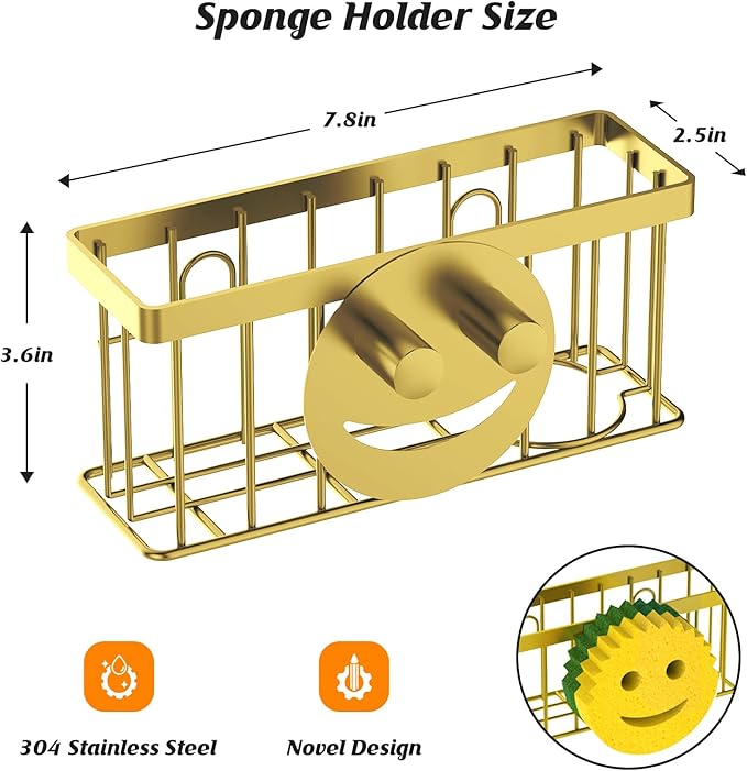 Sponge Holder Smiley Face, Sink Caddy for kitchen Sink, Kitchen Organizer Sponge Holder with 2 PCS Suction Cups/1 PCS Adhesive Strips, Designed for Sponge, Soap, Dish brush, Scrubber-Gold