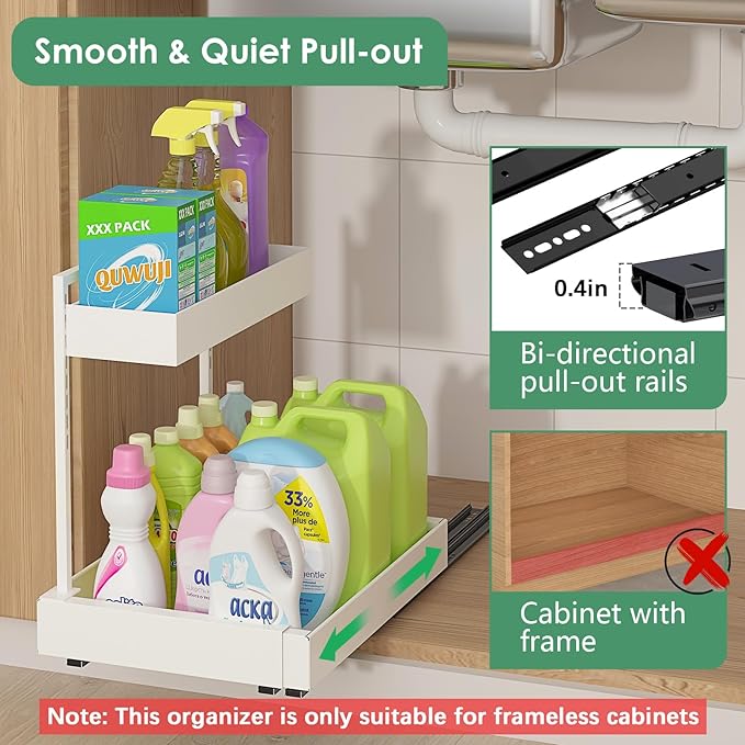 REALINN Under Sink Organizer Pull Out, L-Shaped 2 Tier Cabinet Organizer with Adjustable Width & 6-Level Height, Metal Under Sink Storage for Kitchen Sink, Bathroom Vanity, Laundry Cabinet, White