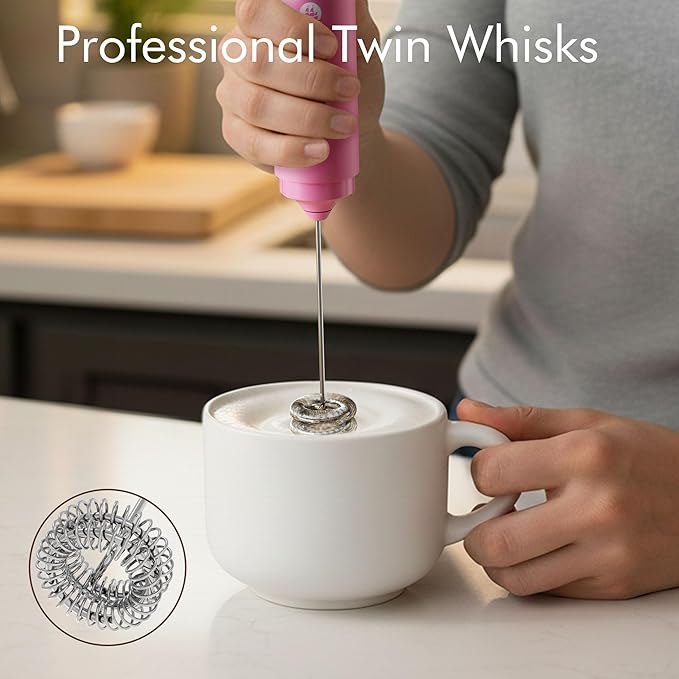 Rechargeable Milk Frother Handheld, 2-IN-1 Dual Spring Whisk Electric Frother Wand for Cappuccino Latte Macchiato, Portable Drink Mixer for Coffee, Matcha, Hot Chocolate