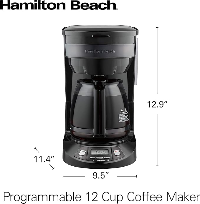 Hamilton Beach 12 Cup Programmable Drip Coffee Maker Machine, Regular & Bold Brew Options, Auto Pause and Pour, Glass Carafe, Black Stainless (46293J)