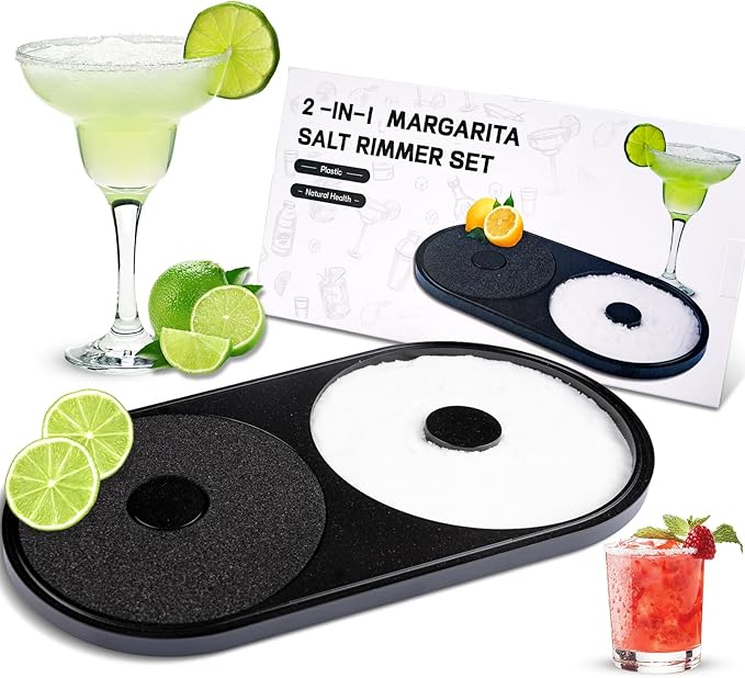 Margarita Salt Rimmer Set, 1 Pack Bar Salt and Sugar Rimmer with Sponge, 2-in-1 Bar Glass Cocktail Rim Set, Dishwasher Safe Black Barware Tools for Margarita Mojitos (Black)