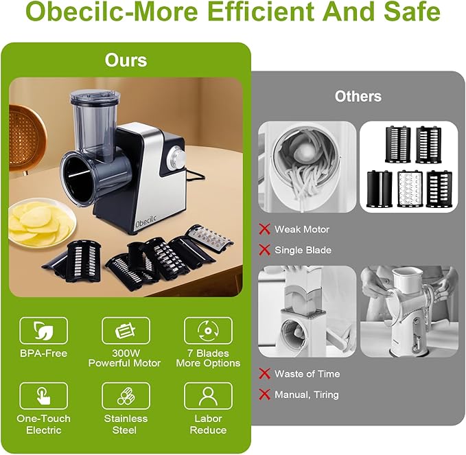 Upgraded 300W Electric Cheese Grater with 7 Stainless Steel Blades, Cheese Shredder Electric for Slicing, Shredding & Grinding Vegetables, Fruits and Nuts,Easy One-Touch Control