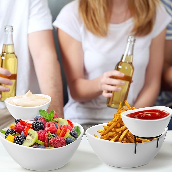 2 Set Chip and Dip Serving Set 2 Tier Chip and Dip Serving Dish Porcelain Appetizer Bowl and Platter with Stand for Food Taco Bar Salad Display Dessert Entertaining Party(Black,Classic Style)