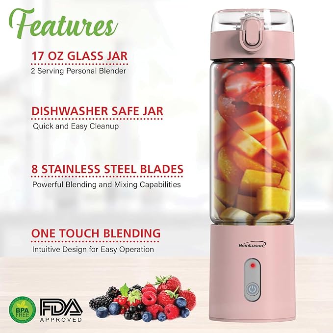 Brentwood 50-Watt 17-Oz. Portable Battery-Operated USB-Chargeable Glass Blender (Pink)