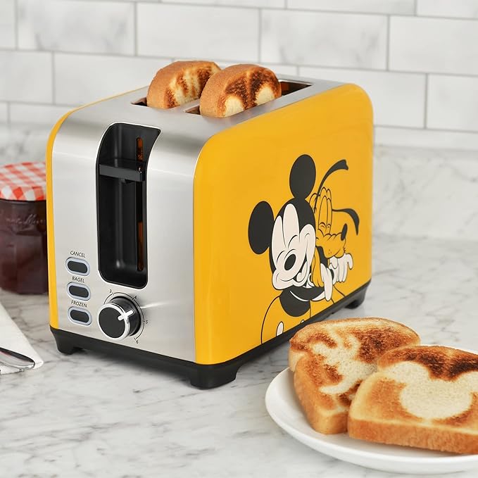 Disney Mickey & Pluto 2-Slice Toaster by Select Brands - Fast Toaster with Wide Slots, Toast Lift & Crumb Tray - Kitchen Essential for Sandwich Bread, Breakfast & Bagels