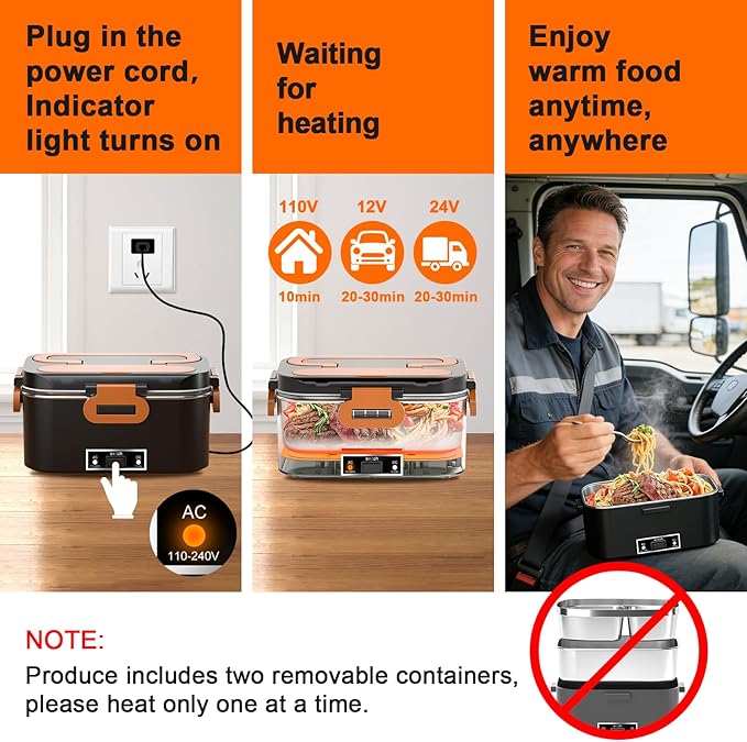 IFENROL Electric Heated Lunch Box for Adults, 100W 3-IN-1 2 Pack 1.8L Containers Heating Lunch Box for Men Portable Double Layer, Fast Heated Food Warmer,12V/24V/110V for Car Truck Office Home
