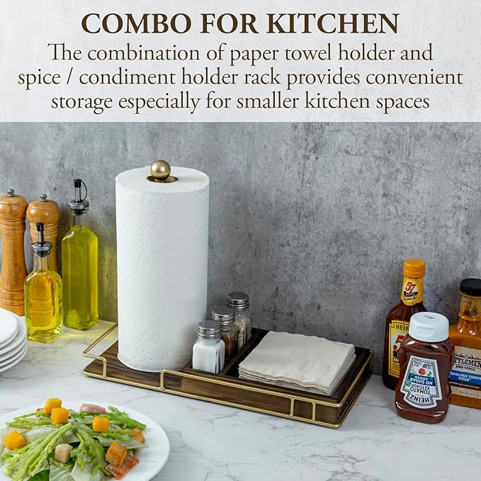 MyGift Rustic Kitchen and Dining Combo Caddy - Brown Wood and Brass Metal Paper Towel Roll Dispenser Stand, Napkin Holder, Spice Rack with 3 Shakers