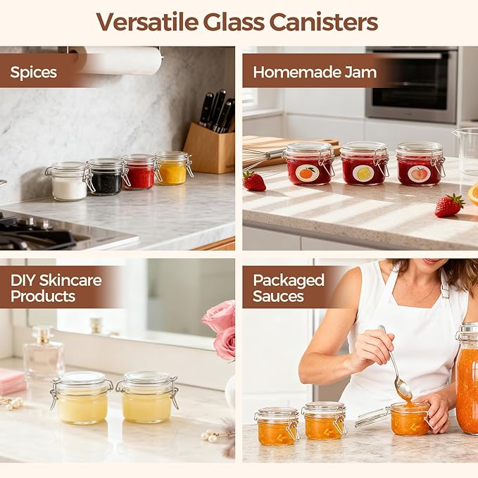 ComSaf 4oz Glass Spice Jars with Airtight Lids (Set of 6), Small Wire Clamp Mason Jars for Herbs, Honey, Jam & DIY Wedding Favors, 120ml Mini Glass Canisters for Pantry & Kitchen Organization