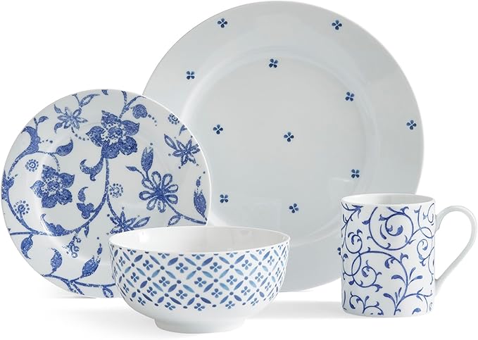 Portmeirion Home Collection 16 Piece Dinnerware Set - Blue Indigo Mix & Match Designs, Porcelain Dinner Plates, Salad Plates, Bowls & Mugs - Microwave, Dishwasher & Oven Safe, Modern Table Set