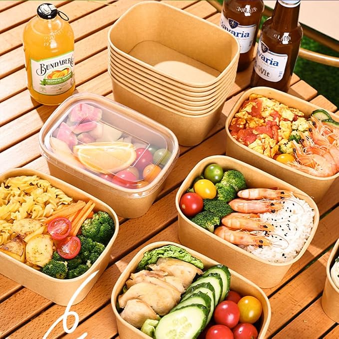 50-Pack 29oz Disposable Kraft Paper Bowls 【with Lids and Forks】Rectangle Cardboard Meal PrepContainers,Paper Leakproof Food Containers,Soup Serving Bowl for Hot/Cold Food-Microwave Safe (29oz 50Count)