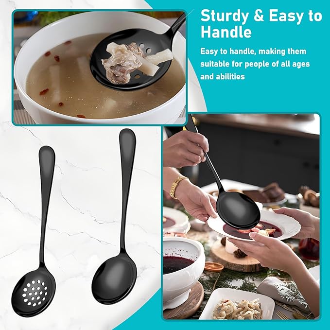 Serving Utensils, 15 Pcs Stainless Steel Large Flatware Serving Tools Kit, Included Spoons, Forks, Tongs, Slotted Spoon, Ladle, Cake Server for Kitchen Catering Banquet Wedding Buffet Party, Black