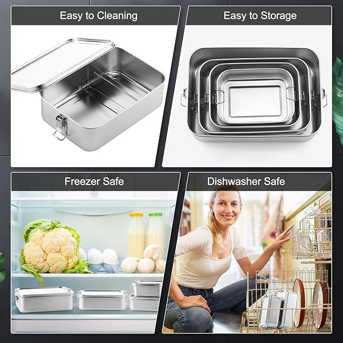 Umigy 4 Pcs Stainless Steel Food Containers 550/850/1400/2400 ml Metal Bento Lunch Box Stainless Steel Food Storage Containers, Lockable Clips to Leak Proof, Reusable Dishwasher Snack Boxes for Work