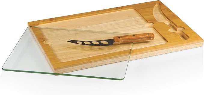 PICNIC TIME NHL Utah Mammoth Icon Glass Top Cutting Board & Knife Set, Charcuterie Board Set with Stainless Steel Cheese Knife, Tempered Glass Serving Platter and Charcuterie Set, (Natural Wood)