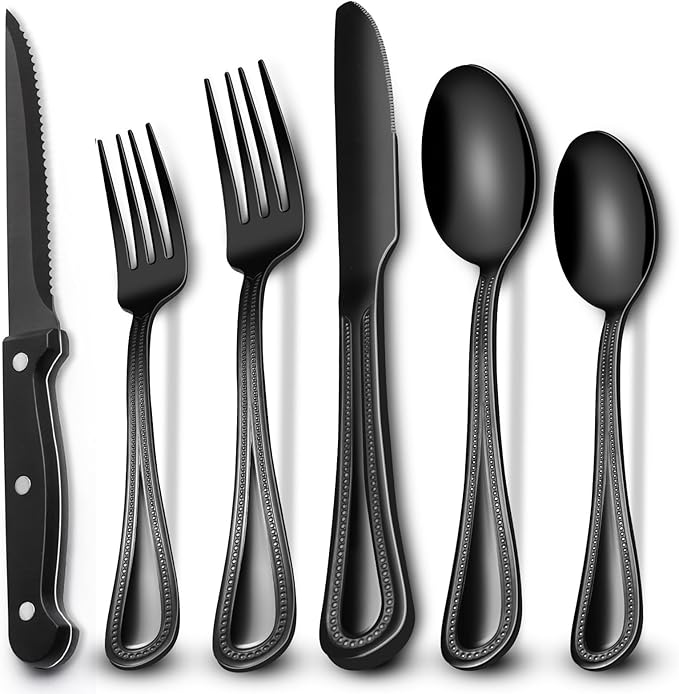 EWFEN 24-Piece Black Silverware Set with Steak Knives, Black Flatware Set for 4, Food-Grade Stainless Steel Tableware Cutlery Set, Mirror Finished Utensil Sets for Home Restaurant, Pearled Edge