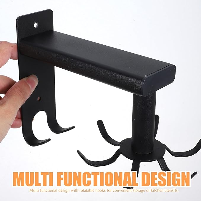 PRETYZOOM Wall Mounted Rotating Kitchen Utensil Hooks Rack, Black 6-Hook Organizer for Cooking Utensils, Space-Saving Hanging Holder for Kitchen and Bathroom Storage