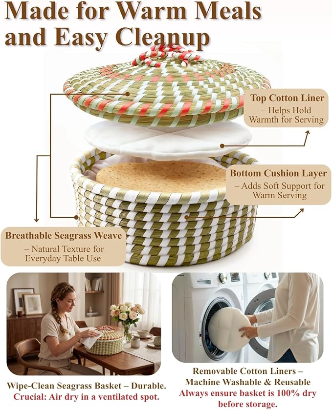 Handwoven Seagrass Tortilla Warmer Basket with Lid, 9.6" Breathable Natural Tortilla Holder with 2 Washable Cotton Liners, Boho Farmhouse Style Server for Tortillas, Roti, Pancake & Flatbread