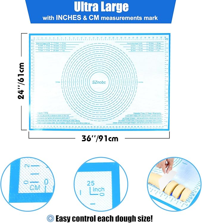 Silicone Pastry Mat 36x24 Inch Nonstick Baking Mat Perfect for Dough Mat, Pastry Board, Kitchen Counter Mat - For Dough, Pastry, Pie Crust, Fondant, Cookies, Bread, Pasta/Pizza, Blue