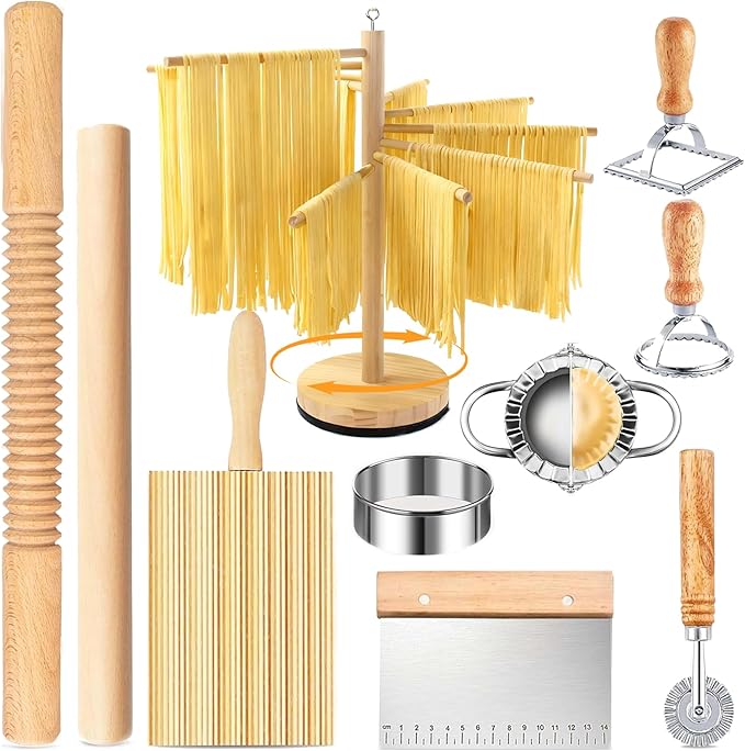 10 Pcs Pasta Making Tools, Pasta Making Kit with Pasta Drying Rack,2 Rolling Pins,Gnocchi Board,Pasta Cutting Tools,2 Ravioli Makers,Making Dumplings.All-in-One Pasta Making Accessories for Home