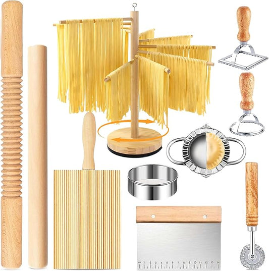 10 Pcs Pasta Making Tools, Pasta Making Kit with Pasta Drying Rack,2 Rolling Pins,Gnocchi Board,Pasta Cutting Tools,2 Ravioli Makers,Making Dumplings.All-in-One Pasta Making Accessories for Home