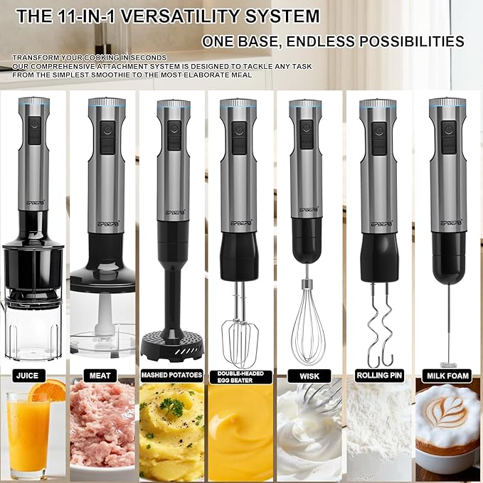 Handheld Immersion Blender Bundle, 1000W Powerful 12-in-1 Set for Smoothies,Orange Juicer,Minced meat,Milk frother,Egg Beater, Dough Hook, Vegetable Chopper, Potato Masher