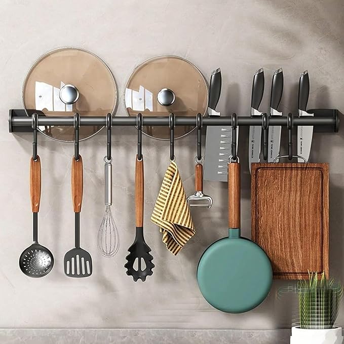Modern Kitchen Utensil Rack, Black Wall-Mounted Hanging Rod with 6 Movable Hooks, 15.75 Inch Metal Storage Organizer
