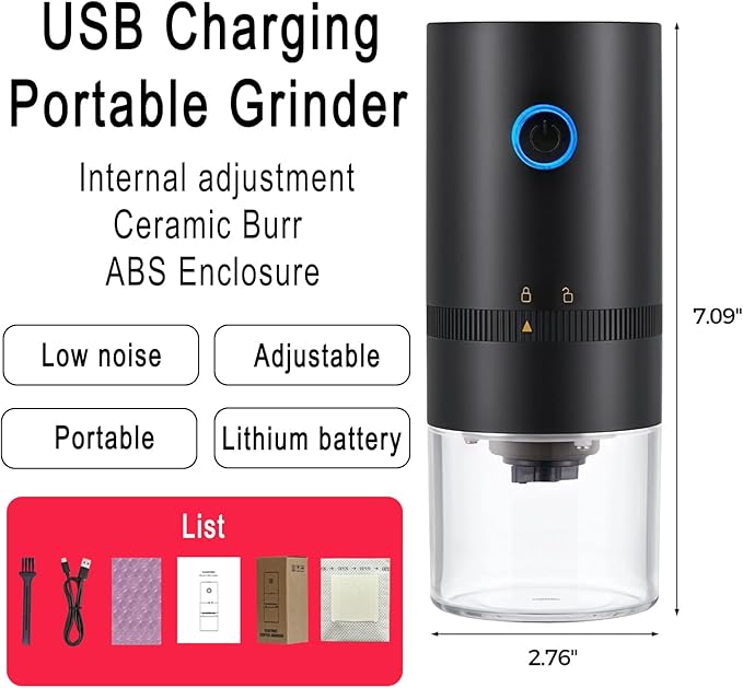 Portable Electric Burr Coffee Grinder, 1500mAh USB Rechargeable with Ceramic Burr & 10 Filters, for Espresso, French Press, Travel & Home Use