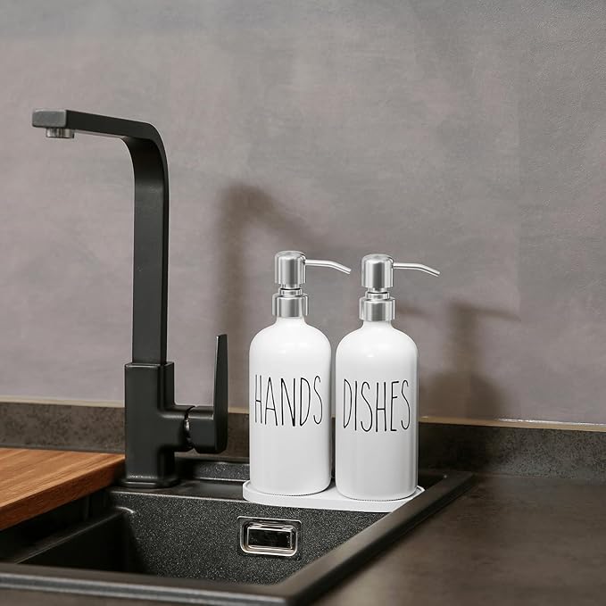 MOMEEMO Soap Dispenser for Kitchen Sink, White Soap Dispenser with Silver Metal Pump, Suitable for Kitchen Decor and Accessories. (White & Silver)