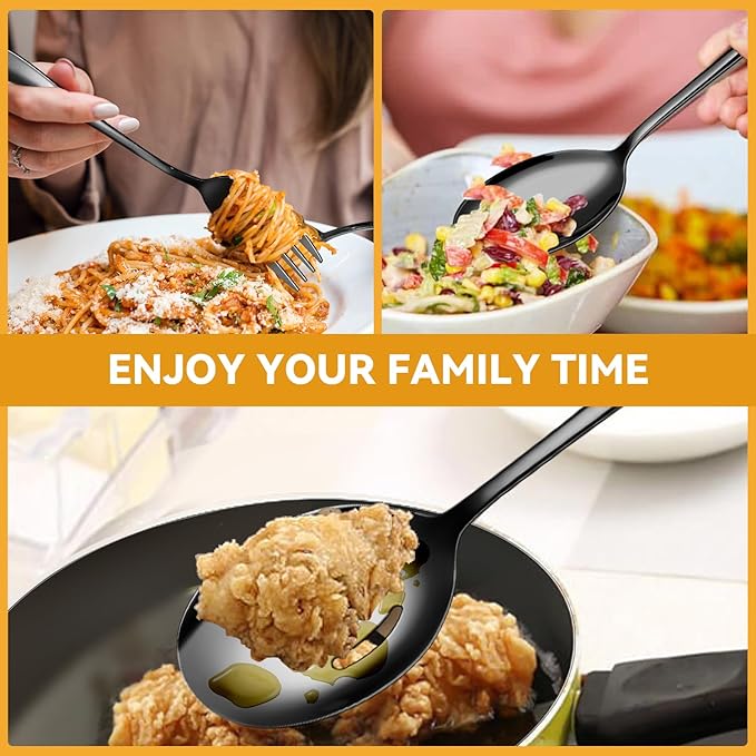 Black Stainless Steel Serving Utensils Set, Large Metal Serving Spoons, Slotted Spoons, Forks, Tongs, Soup Spoons, Skimmer Spoon, Cake Server for Partie, Buffet, Catering, Entertaining 15pcs
