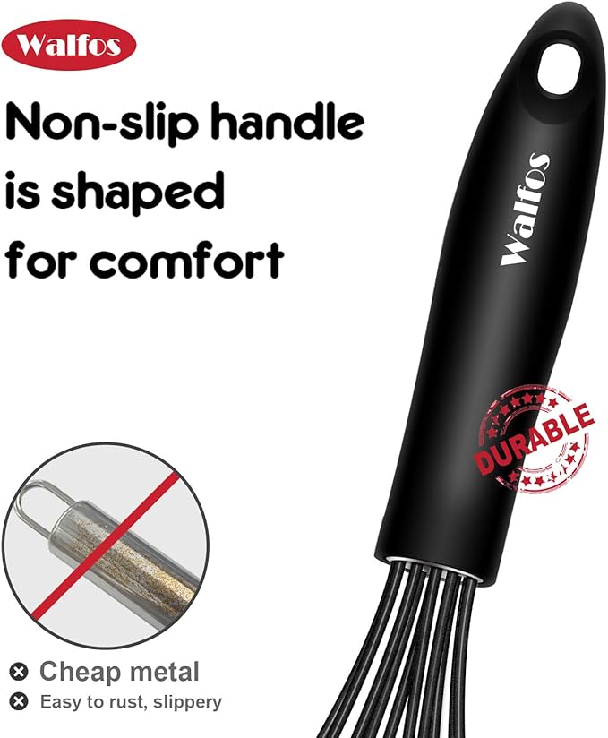 Walfos Silicone Whisk, Stainless Steel Wire Whisk - Heat Resistant Kitchen Whisks for Non-stick Cookware, Balloon Egg Beater Perfect for Blending, Whisking, Beating, Frothing & Stirring, 8.5", Black