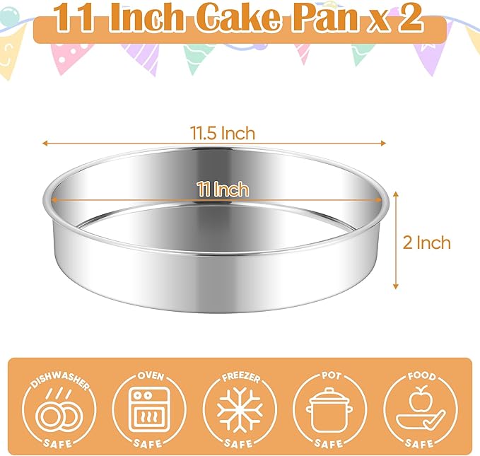 E-far 11 Inch Cake Pan Set of 2, Stainless Steel Large Round Baking Pans Tins, Non-Toxic & Leak-Proof Mold for Birthday Wedding Layer Tiered Cake, Easy Clean & Dishwasher Safe