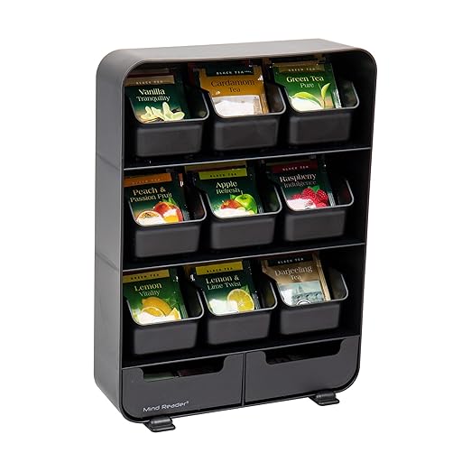 Mind Reader Tea Bag Organizer, Tea Station Organizer, Countertop Storage, Kitchen, Plastic, 10.25"L x 3.25"W x 13.75"H, Black