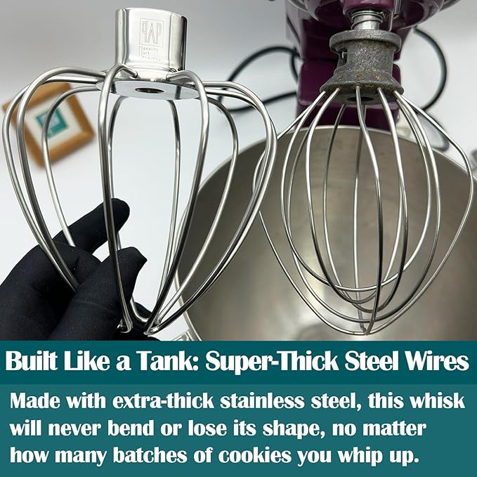 Heavy Duty Whisk Attachment for KitchenAid 4.5-5QT Tilt-Head Stand Mixers- Extra Thick Stainless Steel Wire Whip for Fast Whipping, Commercial Grade for Large Batches, Dishwasher Safe