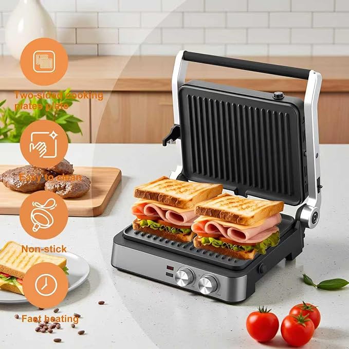 Panini Press,4 Slices Contact Grill with Removable Non-Stick Coated Grill and Flat Plates,Panini Makers with Temperature Control and Timer,Open 180 Degrees,Grill and Griddle (Silver wtih Full SUS)