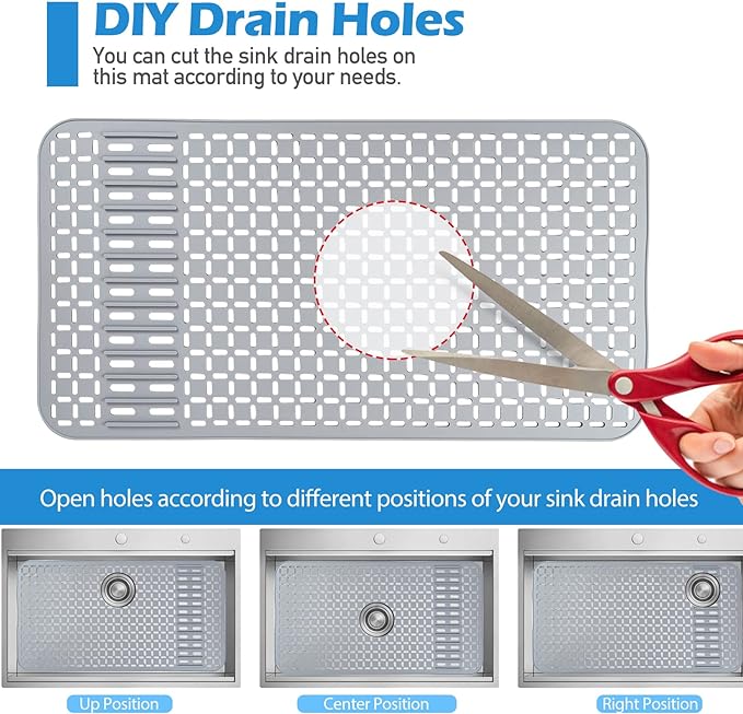 Silicone Sink Mat 26''x14'' Kitchen Sink Protector Mat With DIY Drain Hole, Grey Farmhouse Silicone Sink Mat Protector 1pcs Kitchen Sinks Accessories