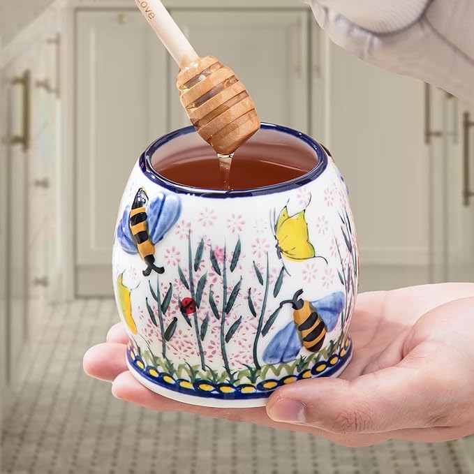 ZOOBEE 10oz Ceramic Honey Pot with Dipper and Lid, Handpainted Honey Dispenser with Bee-Themed, Dishwasher-safe Honey Jar for Kitchen-Lavender Allure