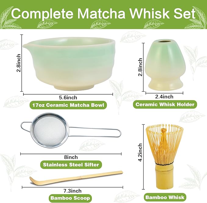 Matcha Whisk Set, Japanese Tea Set Includes Matcha Bowl with Spout, Bamboo Whisk, Ceramic Chasen Holder, Scoop, Sifter, 5 pcs Traditional Tea Making Kit for Matcha Lovers Gift for Women Men
