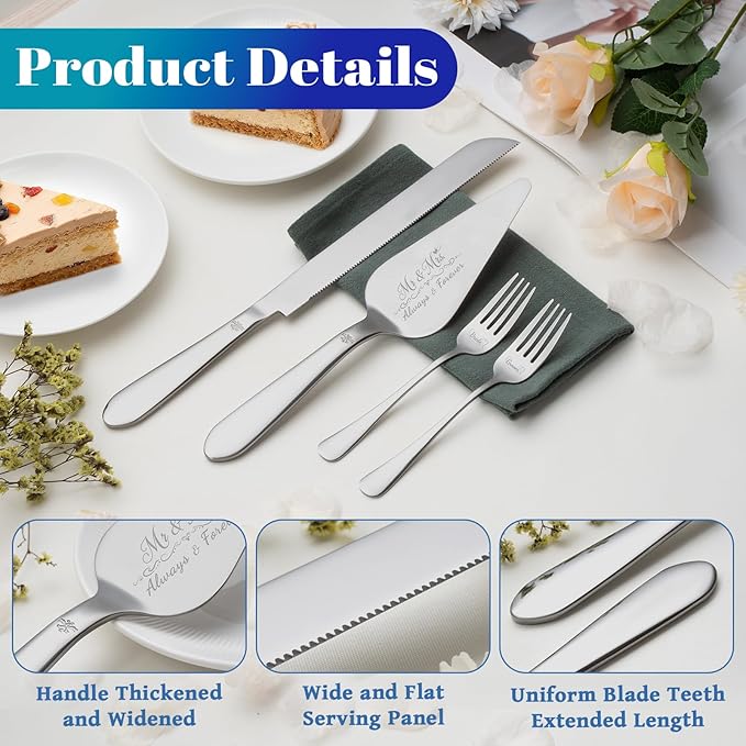 Eisinly Cake Cutting Set for Wedding, Elegant Cake Knife and Server Set with Stainless Steel Forks, Cake Cutter and Pie Spatula for Engagements, Anniversary, Bride and Groom, 4 Pcs, Silver