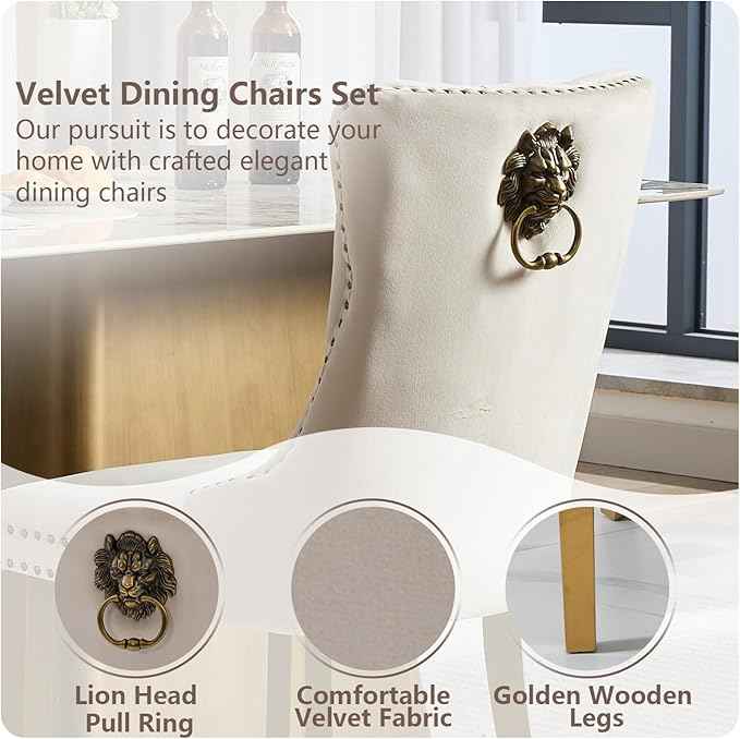 Velvet Dining Chairs Set of 2, Modern Tufted Dining Room Chair, Upholstered Dining Chairs with Lion Head Pulls Ring and Golden Solid Wood Legs, Luxury Kitchen Chairs for Dining Room, Beige