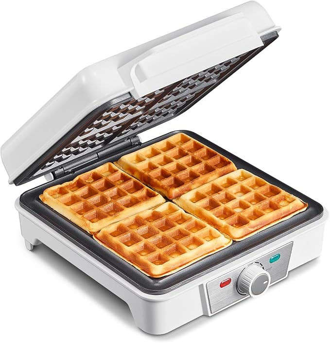 Belgian Waffle Maker 4 Slices, 1200W Waffle Iron, Anti-Overflow Waffle Iron with Browning Knob, Nonstick Plates, Indicator Lights, Silver/Black (White)