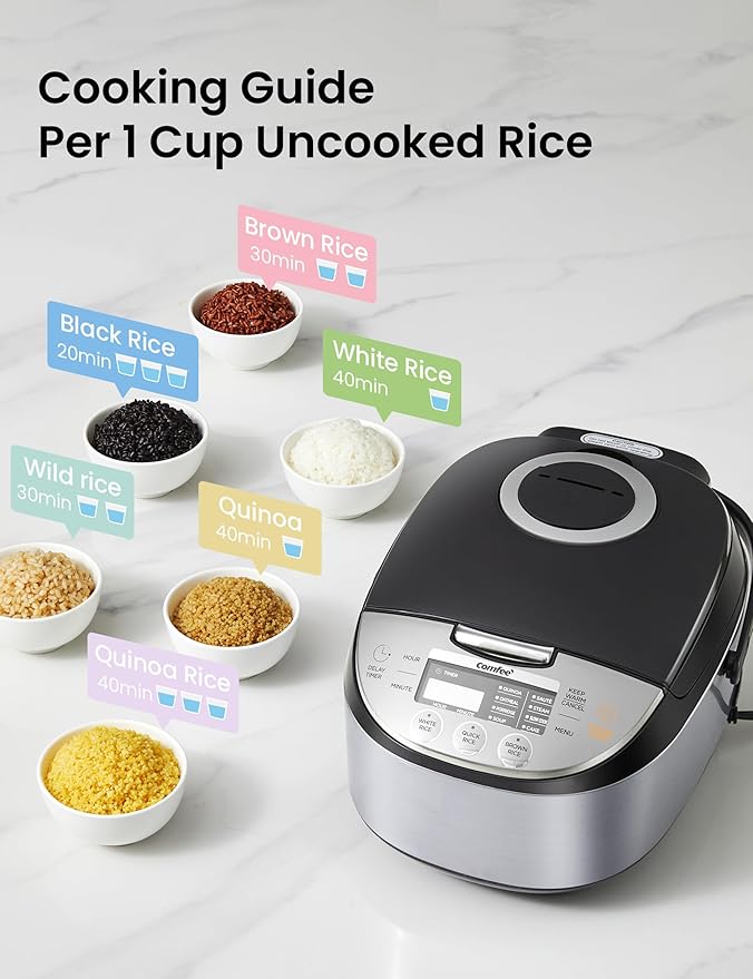 COMFEE' Rice Cooker 12 Cups Cooked/6 Cups Uncooked, Portable Non-Stick Rice Maker, Japanese Rice Cooker with Fuzzy Logic Technology, 24-Hour Timer Delay, 11 Presets, Steamer, Fast Cooker, Grain Cooker, Black