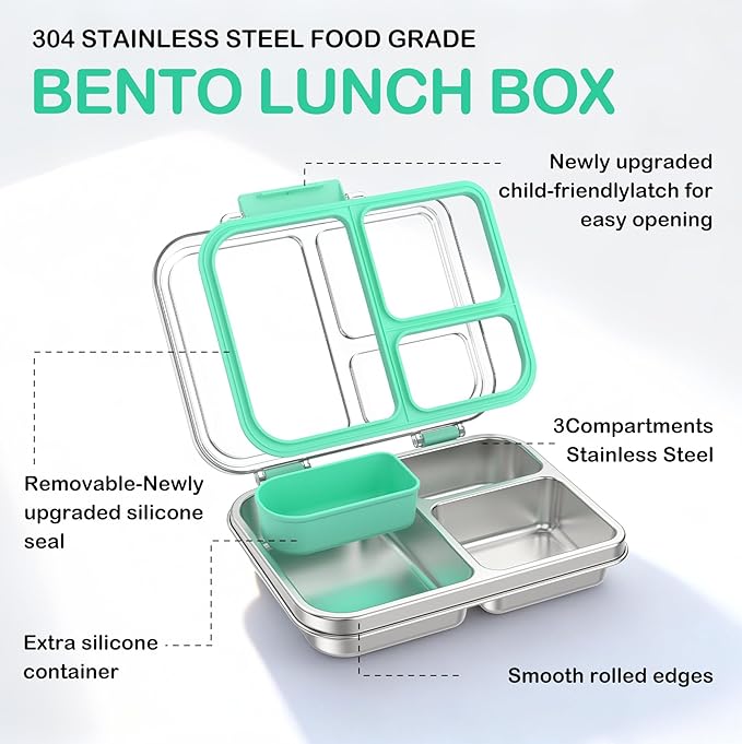 BABHAMNESS Stainless Steel Bento Lunch Box for Kids Adults, 3 Compartments Metal Bento Box with Transparent Lid & Silicone Container for Kids,Dishwasher-Safe,School & Travel,BPA-Free(Blue)
