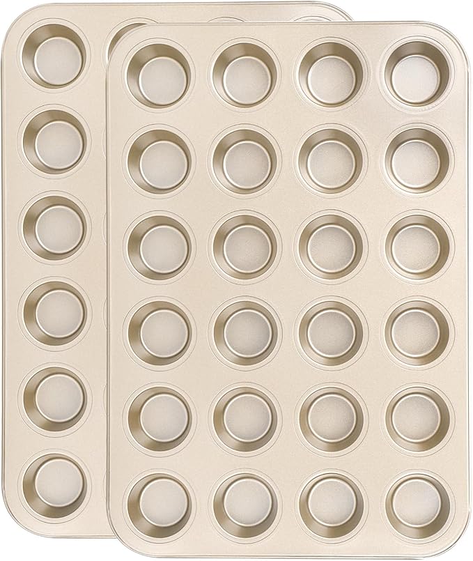 Beasea Nonstick Mini Muffin Pan 24 Cups, 2 Pack 24 Mini Small Tiny Cup Non Stick Muffin Baking Pan Tin Tray Carbon Steel Bakeware Individual Cupcake Baking Pan - Gold